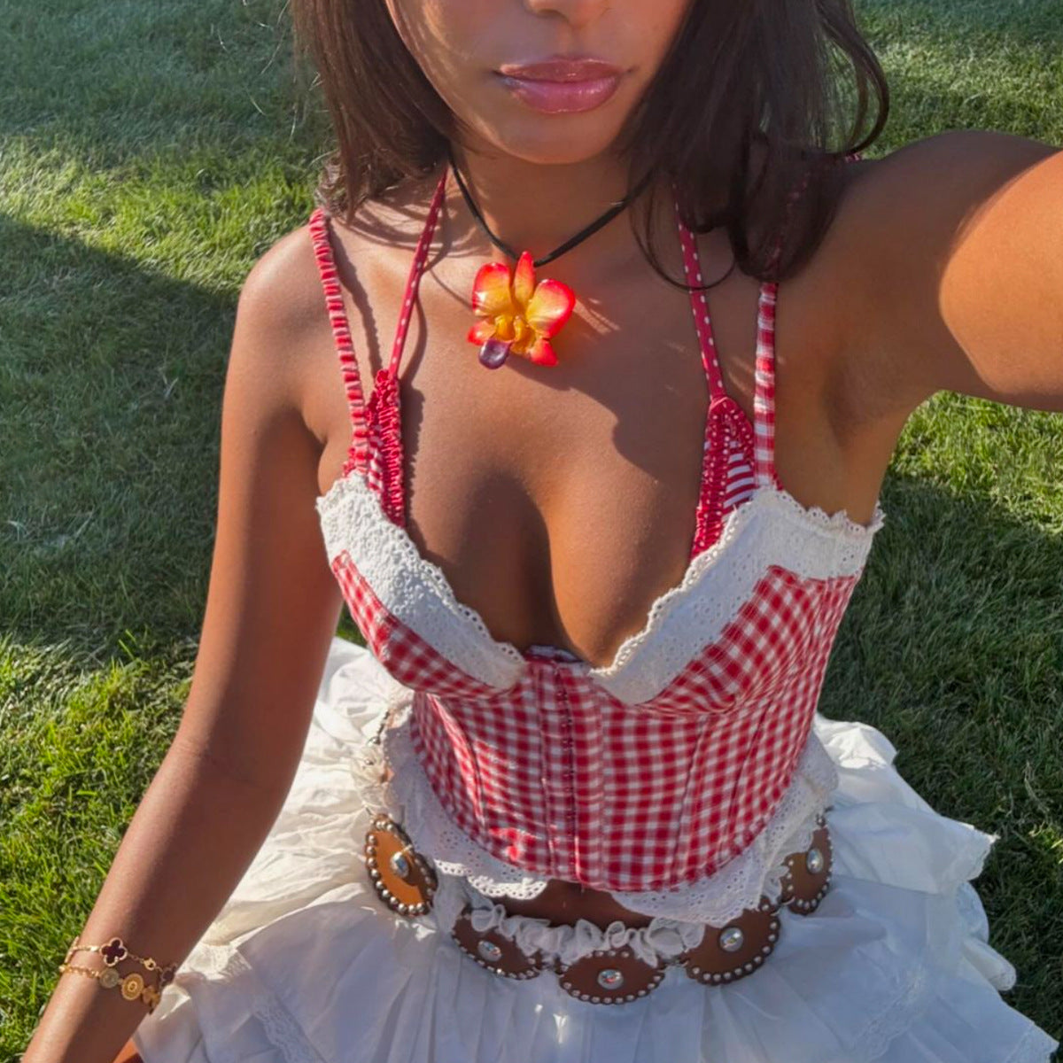 Floral Lace Trim Checkered Cropped Tank Top