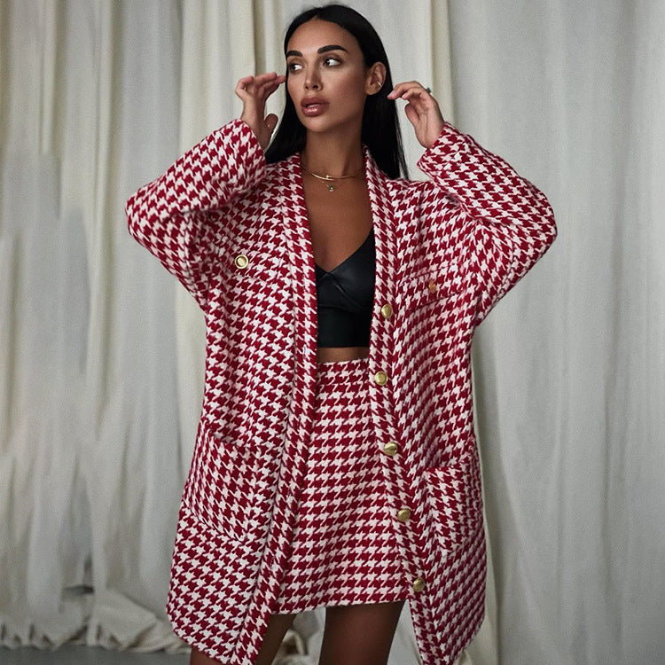 Women Clothing Autumn Winter Chanel Suit Women Houndstooth Tie Front Top Hip Skirt Two Piece Set
