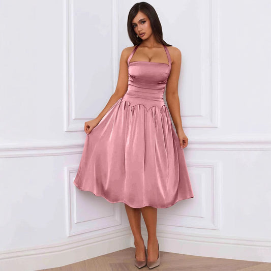 Autumn Winter Lace up Backless Midi Dress Sexy Sexy Halter Sleeveless Dress