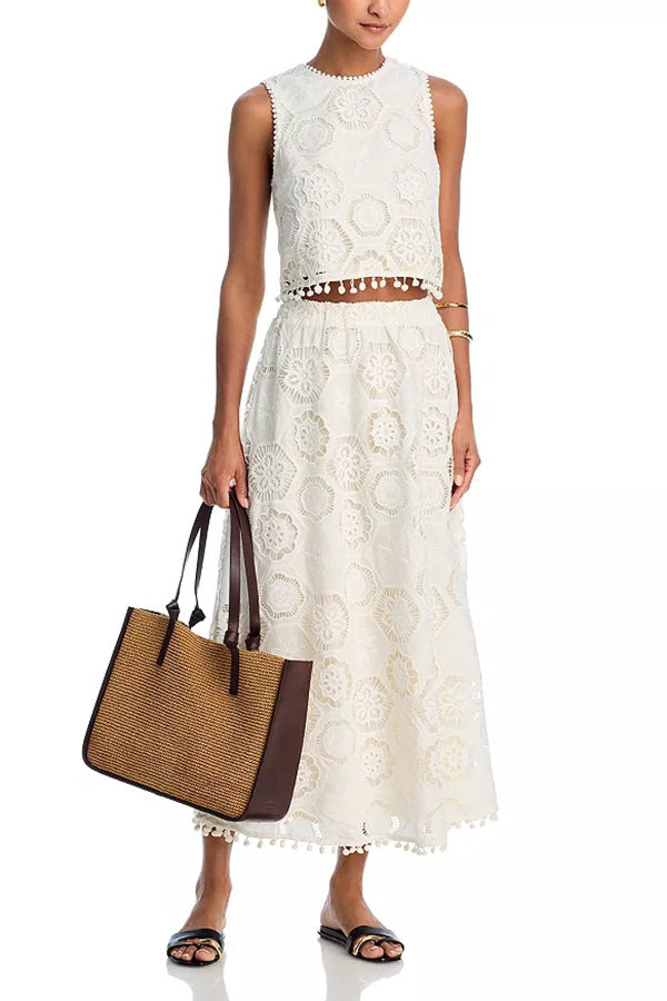 Nice Try Embroidered Crochet Lace Tassle Trim Elastic Waist Midi Skirt