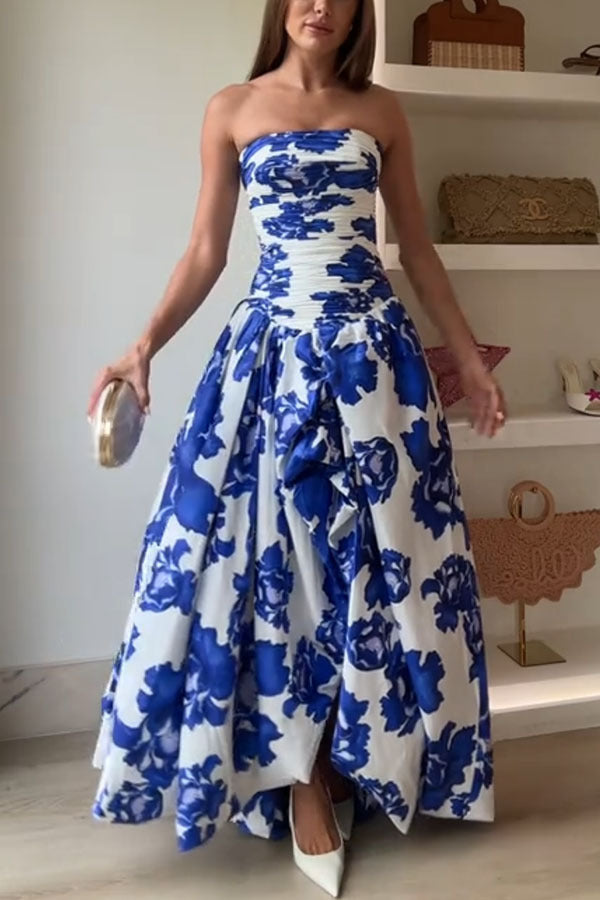 Perfect Moment Floral Off Shoulder Ruched Bodice Drape Bubble Hem Maxi Dress