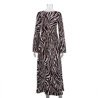 Striped Printing Loose Dress Casual round Neck Long Sleeve Dress Women Autumn Winter