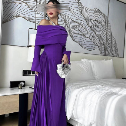 Fall Winter Women Clothing Middle East Sexy off the Shoulder Pleated Evening Dress