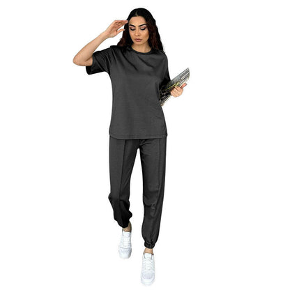 Summer Solid Color round Neck Short Sleeves Pullover Women Casual Ankle Banded Pants