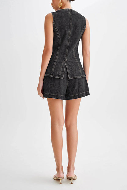 Abel Denim Button Up Princess Seams Pocket Vest Top