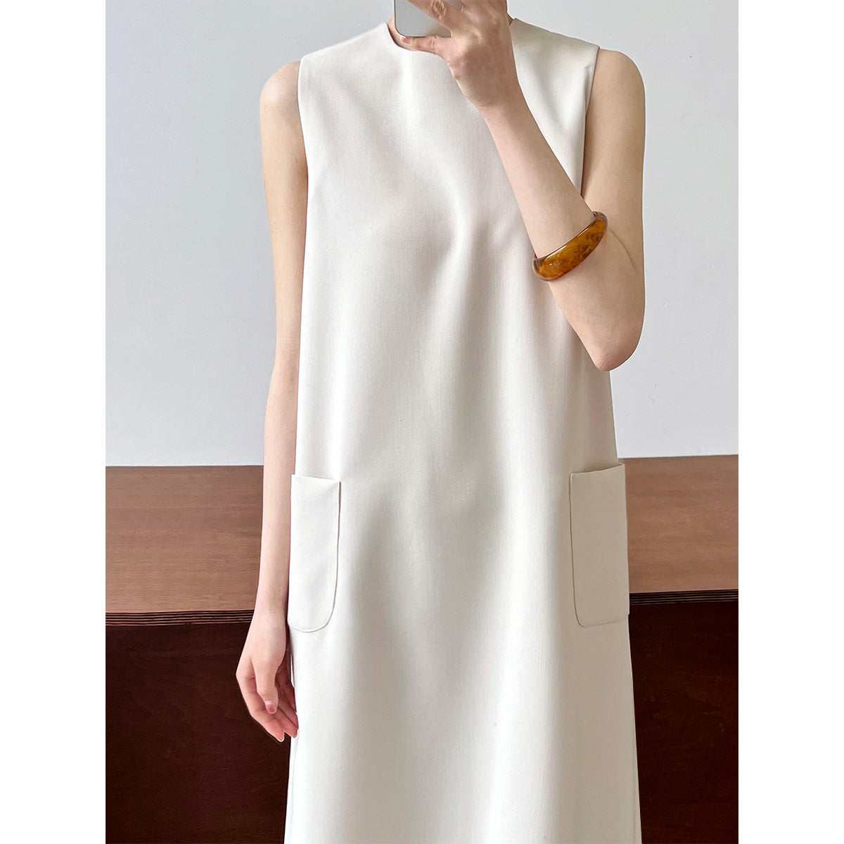 Simple Graceful Office Sleeveless Suit Vest Dress Women Loose round Neck Drooping Straight Dress