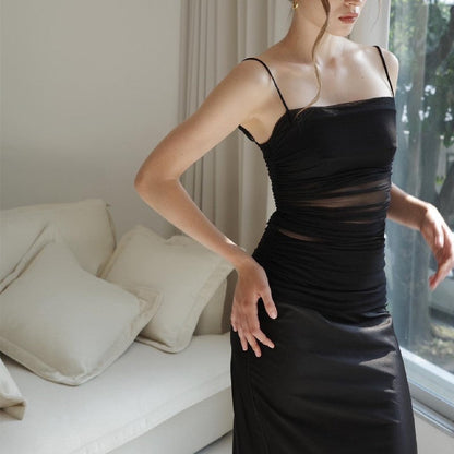 Women Summer Sexy Mesh Stitching Cami Dress Slim-Fit Long Pure Dress for Women