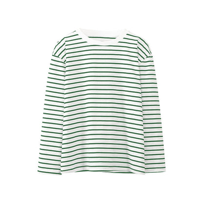 Long Sleeved Striped T shirt Spring Trendy Wild Casual round Neck Cotton Striped T shirt