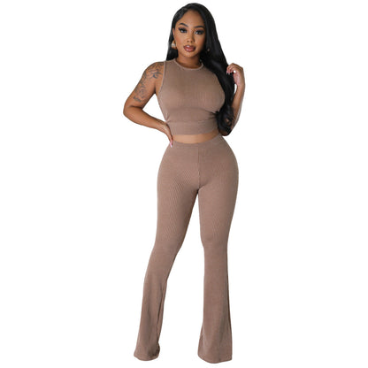 Women Casual Set Solid Color Rib Fabric Sleeveless Bootcut Trousers Two Piece Set