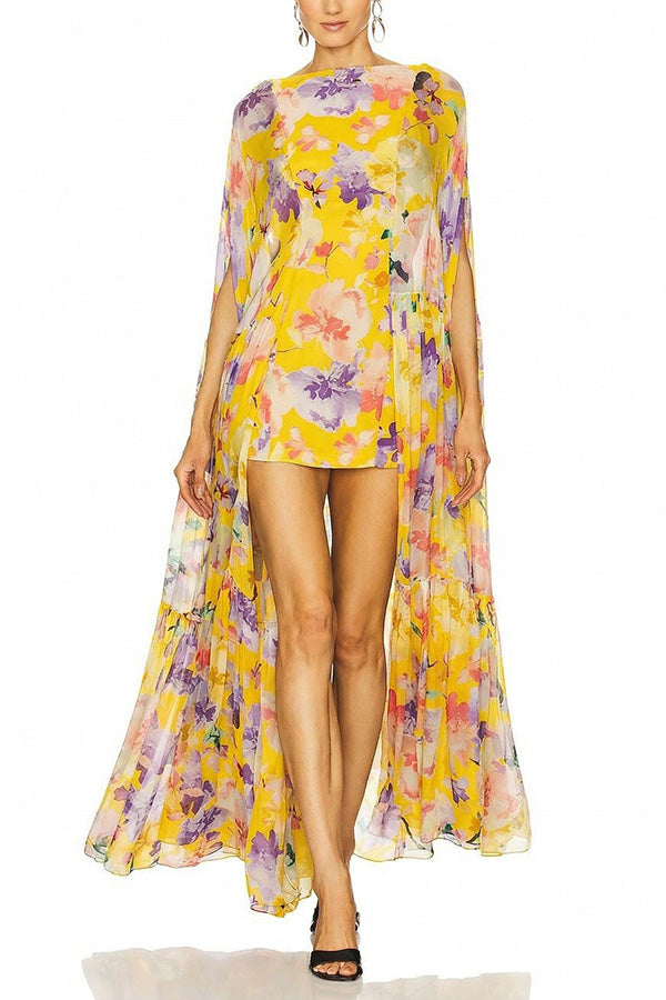 Garden Party Contrast Floral Print High Low Cape Maxi Dress