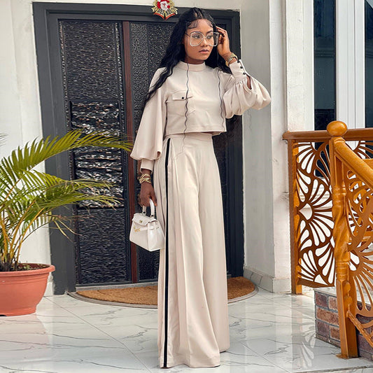 Women Clothing Spring Loose Mock Neck Long Sleeve Top Wide Leg Pants Casual Suit