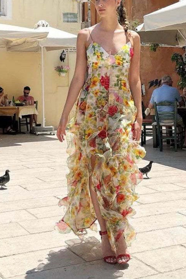 Millie | Floral Ruffle Long Skirt Women's Fashion Chiffon Printed Fairy Style Long Style Evening Dress Coupon