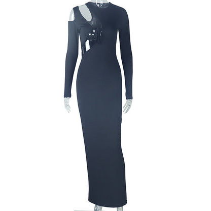 Women Solid Color Tied Irregular Asymmetric Pencil dress Long Sleeve round Neck Slim Fit Dress