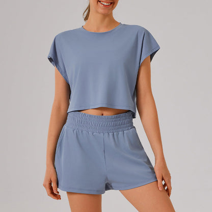 Solid Color round Neck Quick Dry Short Sleeved Top Faux Two Pieces Anti Exposure Shorts Loose Sports Yoga Fitness Set
