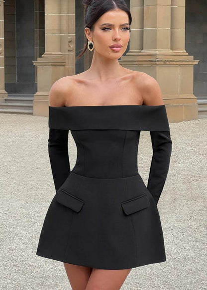 Off-Shoulder Mini Flare Dress with Long Sleeves