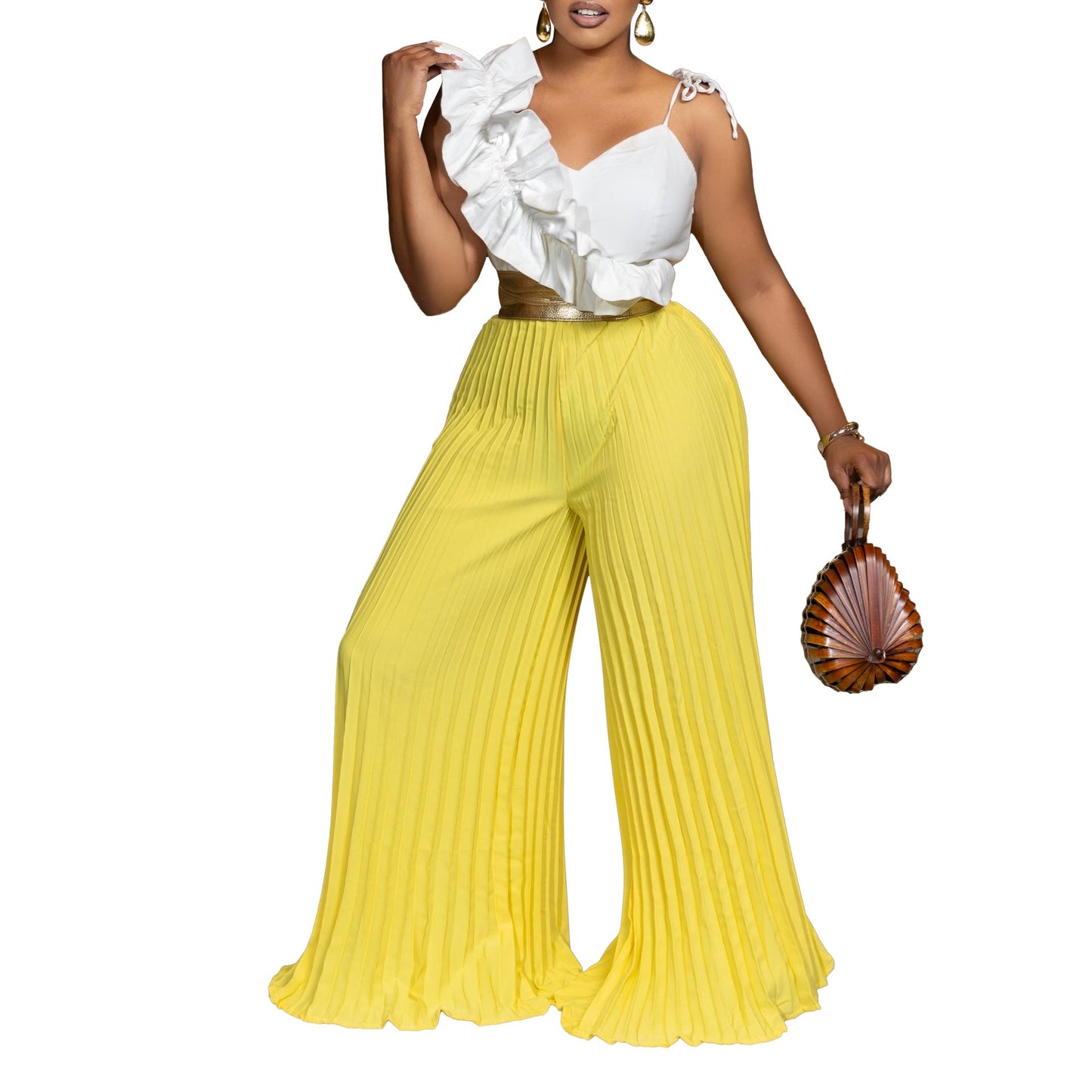Women Clothing Sexy Ruffles Sleeveless Top Wide Leg Wide Leg Pants Set
