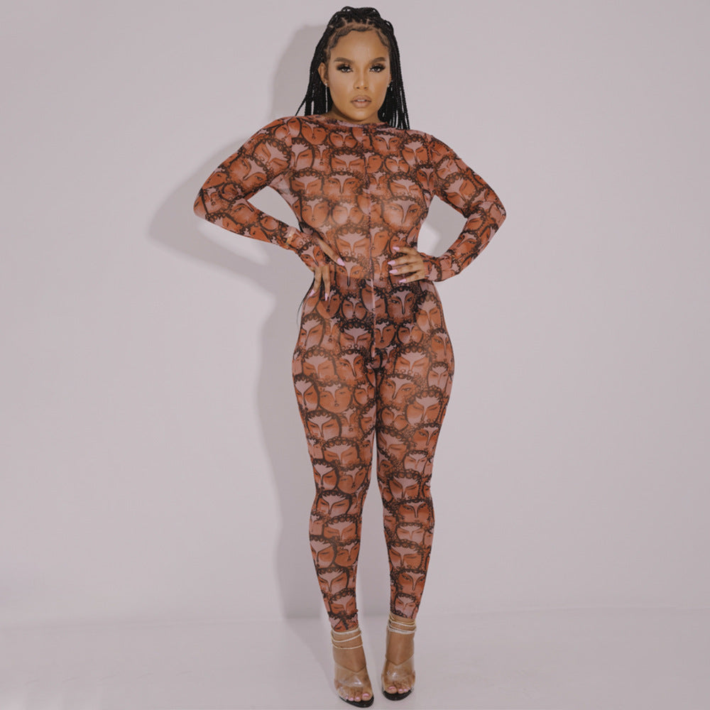 Autumn Winter Personality Printed Sexy See Through Jumpsuit