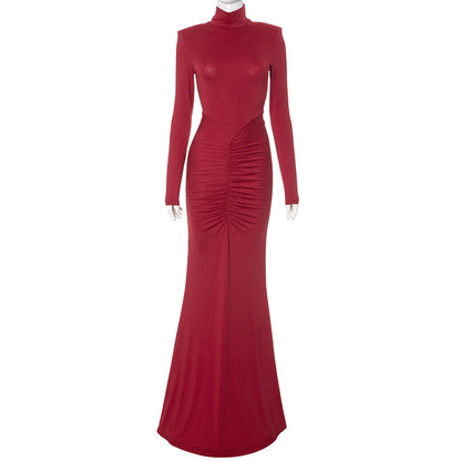 Women Clothing Turtleneck Long Sleeve with Padded Shoulder Pleated Hip Mop Fishtail Dress