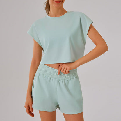 Solid Color round Neck Quick Dry Short Sleeved Top Faux Two Pieces Anti Exposure Shorts Loose Sports Yoga Fitness Set