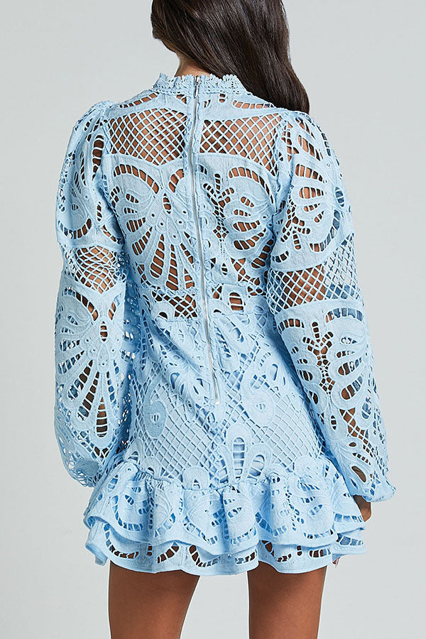 Solid Color Hollow Long-sleeved Waisted Lace Mini Dress