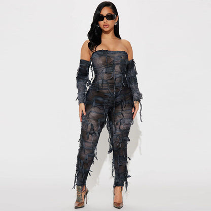 Autumn Tie Dyed Tassel Sexy Bandeau Backless Ice Sleeve Jumpsuit for Women