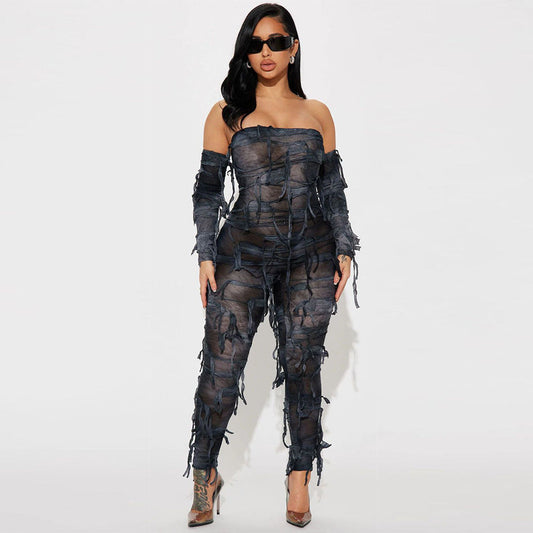 Autumn Tie Dyed Tassel Sexy Bandeau Backless Ice Sleeve Jumpsuit for Women