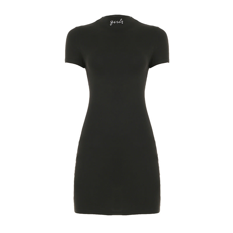 Basic Casual Women Clothing Half Turtleneck Rhinestone Short Sleeve Dress Solid Color Slim Fit Hip Wrapped Short Dress Summer