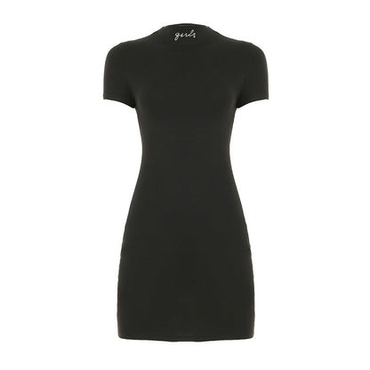 Basic Casual Women Clothing Half Turtleneck Rhinestone Short Sleeve Dress Solid Color Slim Fit Hip Wrapped Short Dress Summer