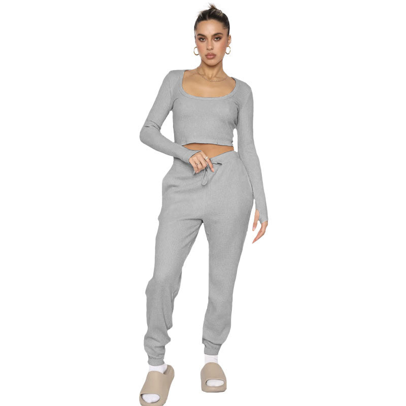 Autumn Winter U Collar Pullover Long Sleeved Women Two Piece Suit Casual Trousers