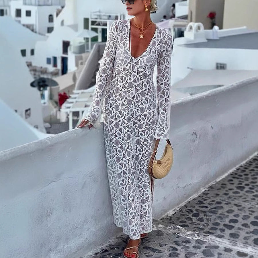 Spring Summer Long Sleeve See through Lace up Dress Loose Vacation Split Dress