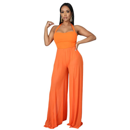 Solid Color Casual Chiffon Sling Women Jumpsuit