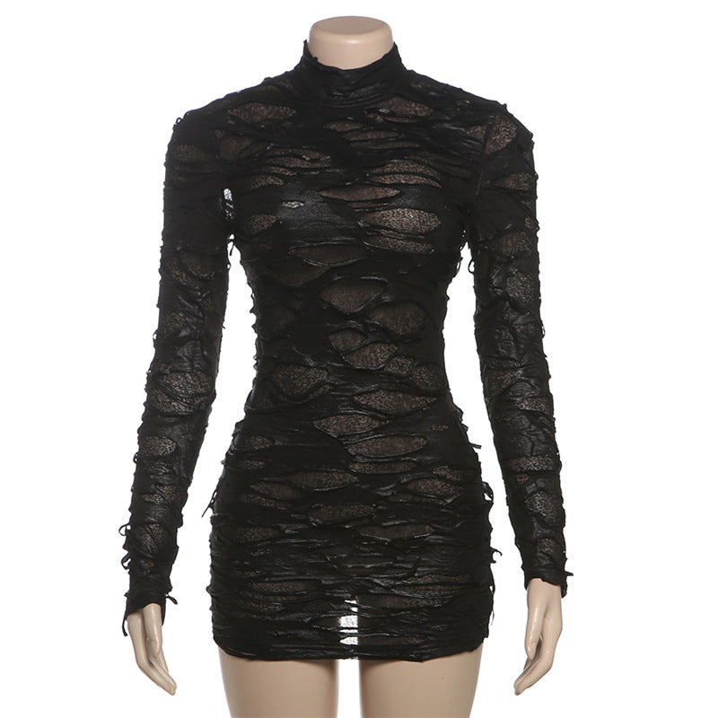 Winter Women Clothing Sexy Sexy Half High Collar Long Sleeves Hollow Out Cutout-out Semi Transparent Design Hip Dress