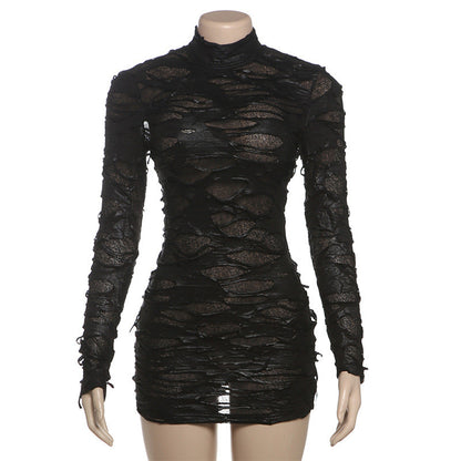 Winter Women Clothing Sexy Sexy Half High Collar Long Sleeves Hollow Out Cutout-out Semi Transparent Design Hip Dress