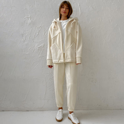 Autumn Women Clothing Hooded Profile Sweater Zipper Cardigan Outerwear Trousers Suit Two Piece Suit