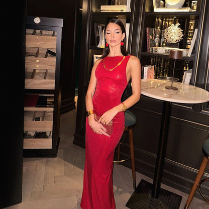 Fashionable Women Clothing Red Elegance Sleeveless Maxi Dress Slim Fit Sexy Backless Evening Dress for Ladies