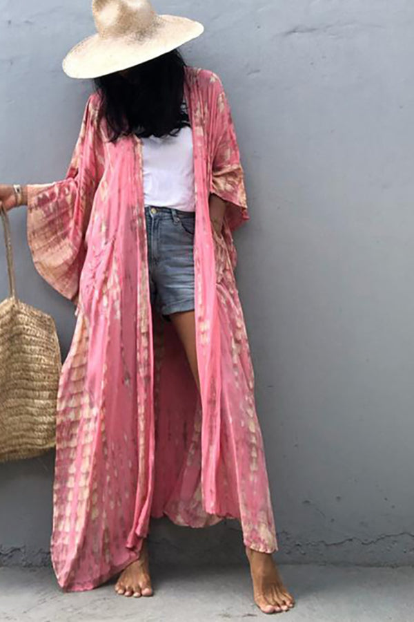 Boho Tie-dye Print Hooded Kimono Cover-up