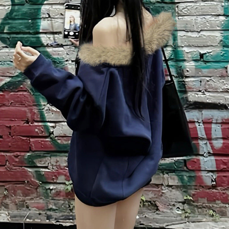 Street Furry Stitching Personality Diagonal Collar Loose Sweatshirt Sexy Sexy off Shoulder Casual Long Sleeves