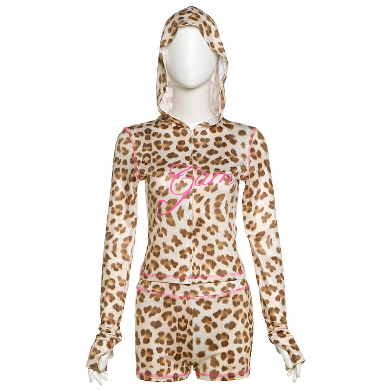 Spring Casual Leopard Print Slim Fit Hood Zipper Top High Waist Shorts Set Women