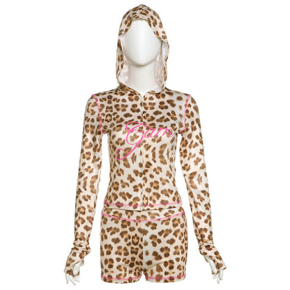 Spring Casual Leopard Print Slim Fit Hood Zipper Top High Waist Shorts Set Women