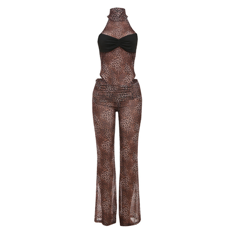 Spring Sexy Waist Trimming Contrast Color Sleeveless Leotard High Waist Leopard Print Trousers Two Piece Sets