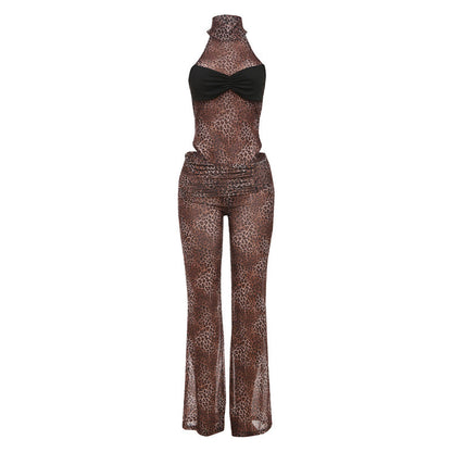 Spring Sexy Waist Trimming Contrast Color Sleeveless Leotard High Waist Leopard Print Trousers Two Piece Sets