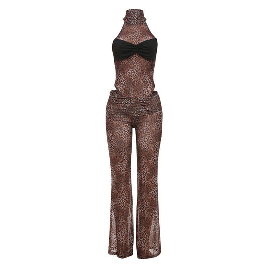 Spring Sexy Waist Trimming Contrast Color Sleeveless Leotard High Waist Leopard Print Trousers Two Piece Sets
