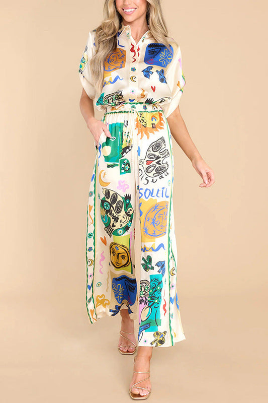 Summer Graffiti Printing Satin Short Sleeve Collared Shirt Trousers Casual Two Piece Suit Amplified craft
