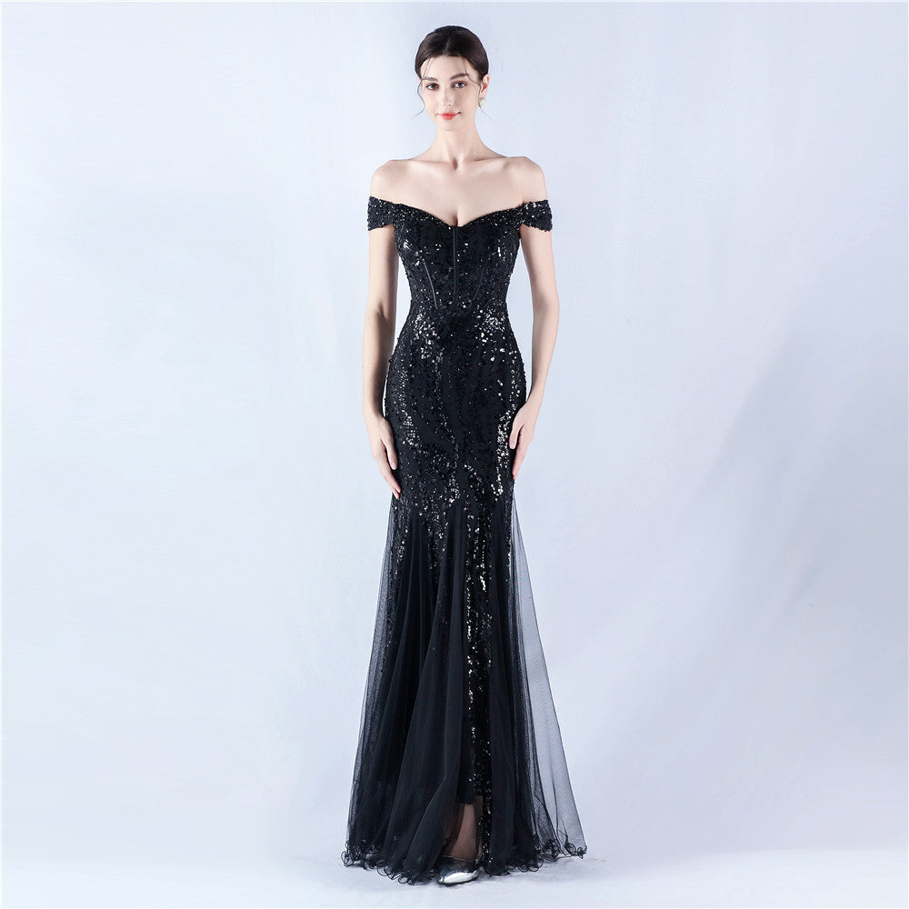 Dress Craft Beaded Mesh Sequin Evening Dress Annual Meeting Performance Host