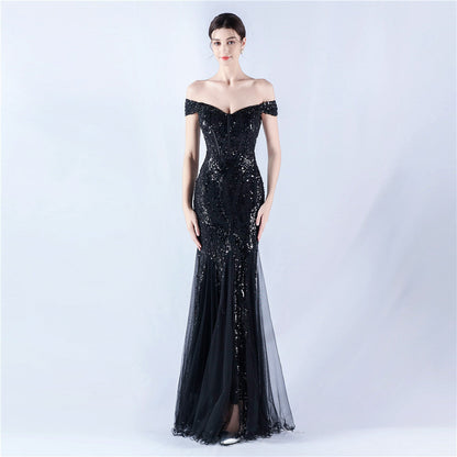 Dress Craft Beaded Mesh Sequin Evening Dress Annual Meeting Performance Host