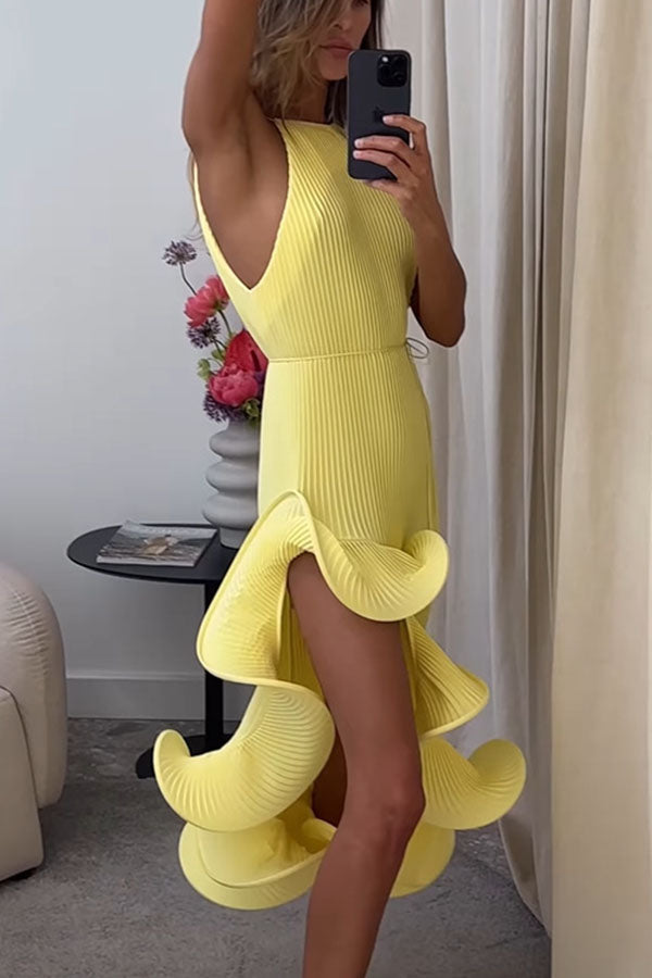 Solid Color Sleeveless Waist Tie Irregular Ruffle Slim Midi Dress