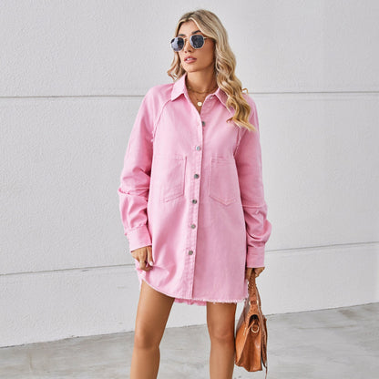 Wash Water Raw Edge Denim Dress Stitching Long Sleeve Cardigan for Women