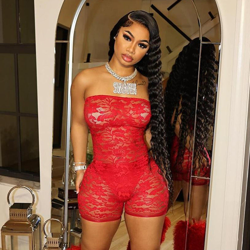 Women Spring Clothing Sexy See Through Lace Jacquard Tube Top Tight Jumpsuit