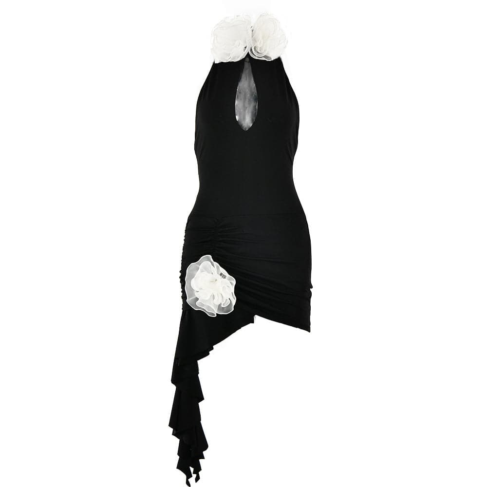 Halter ruched flower applique ruffle mini dress  | Festival Outfits Women