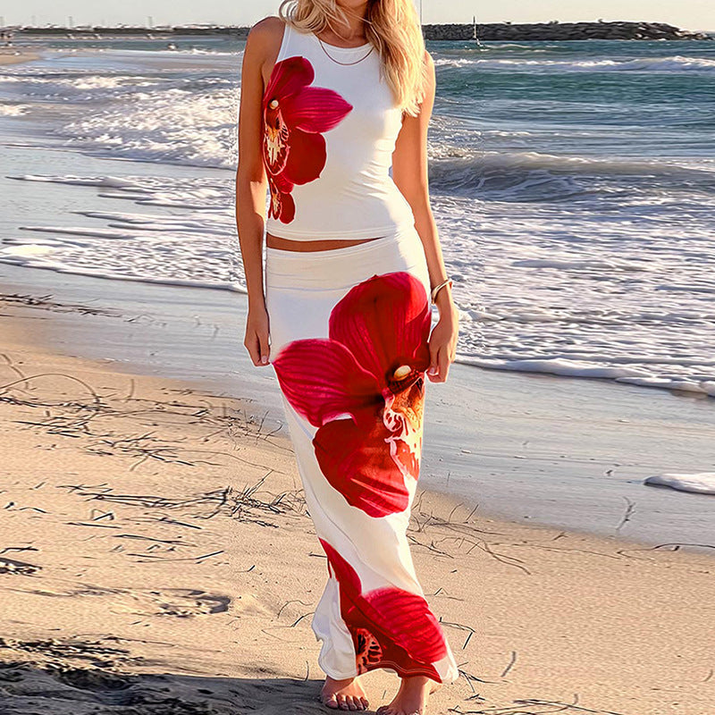 Carmen Orchid Print Maxi Skirt Set